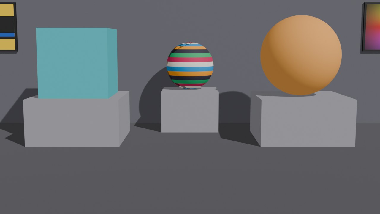 Two plinths on a dark stage, one holding a teal cube and the other an orange sphere